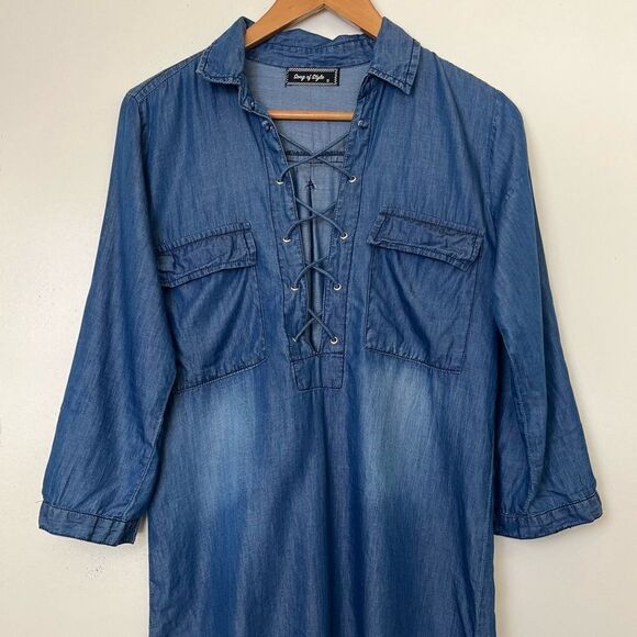 Song of Style Chambray Dress Blue Denim Lace Up Front Roll Up Tab Sleeves Small - Picture 2 of 9